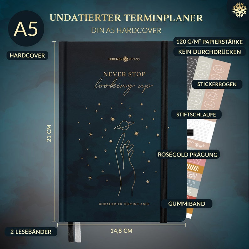 Terminplaner Undatiert A5 STARGAZING Schöner Hardcover Kalender ohne Datum Terminkalender mit Stifthalter, Froschtasche Extras imagen 2