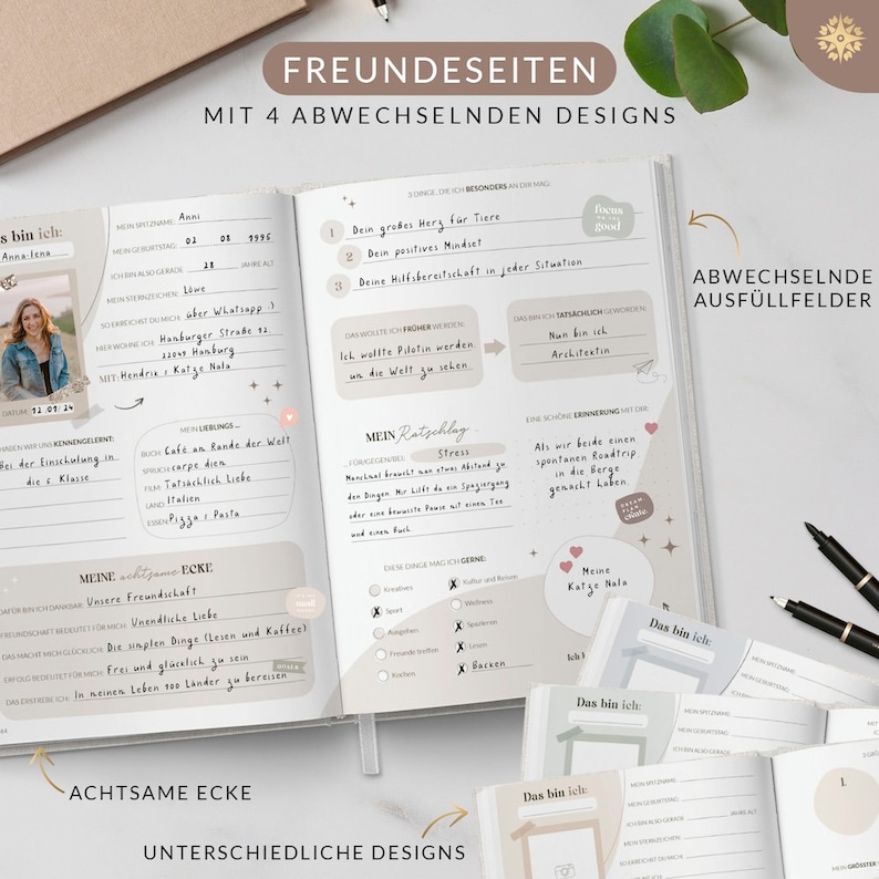 Freundebuch für Erwachsene Ein Erwachsenen Freundebuch mit für 30 Freunde, abwechselnden Vorlagen, A5 Hardcover mit Goldveredelung image 5