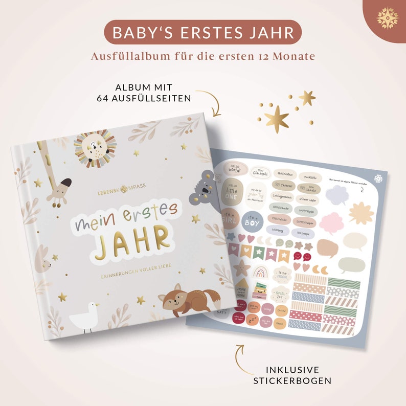 Baby-Erinnerungsalbum Hardcover Ausfüllalbum für Meilensteine im 1. Lebensjahr inklusive Stickern Geschenk zur Geburt Bild 7