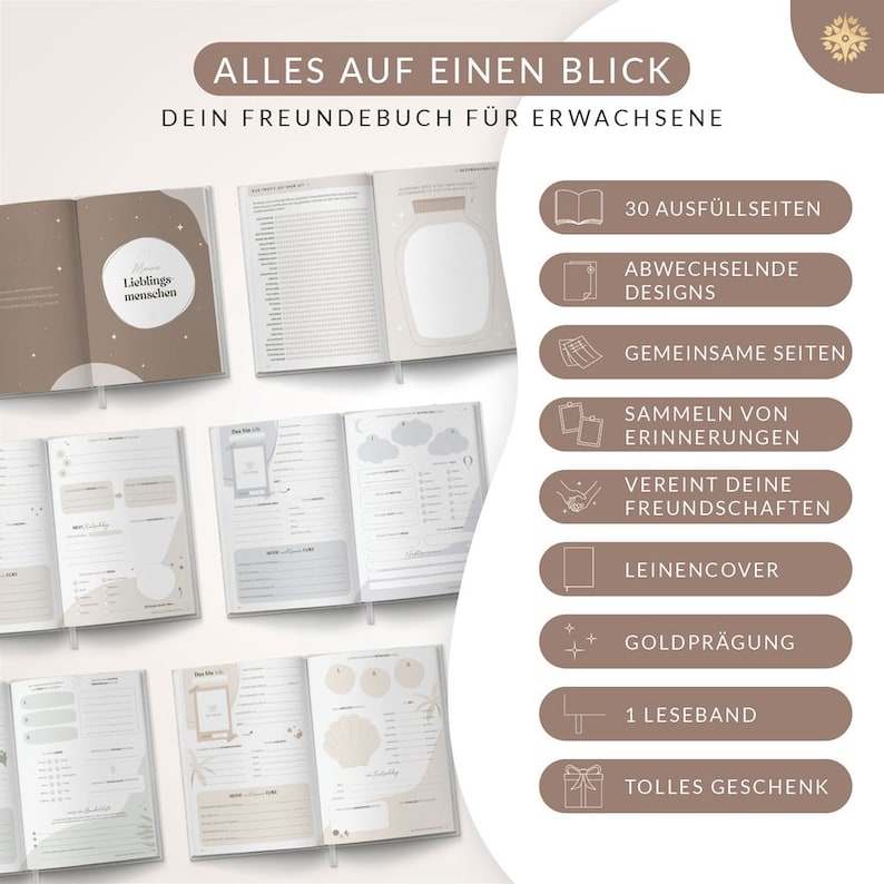 Freundebuch für Erwachsene Ein Erwachsenen Freundebuch mit für 30 Freunde, abwechselnden Vorlagen, A5 Hardcover mit Goldveredelung Bild 9