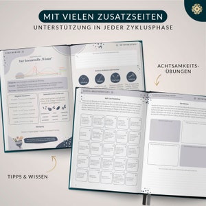 Zyklustagebuch Periodenkalender für Frauen und Mädchen, Für 6 Zyklen Zykluskalender mit Monatsübersicht, Reflexionsfragen und mehr, DIN A5 Bild 6