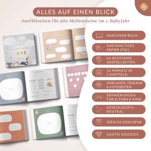 Baby-Erinnerungsalbum Hardcover Ausfüllalbum für Meilensteine im 1. Lebensjahr inklusive Stickern Geschenk zur Geburt Bild 4