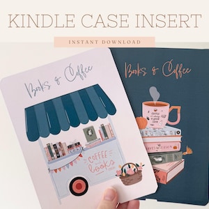 印刷可能なKindleケースインサート | 本とコーヒーカート | 心地よいKindleカバー | デジタルダウンロードKindleアート | 心地よい美しい本のギフト