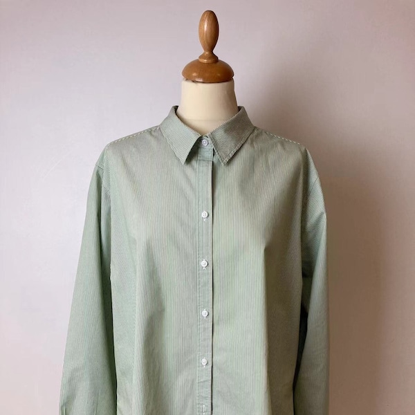 Vintage chemise femme classique en vert rayure, avec manche longue, XXL et porté oversize, 90s