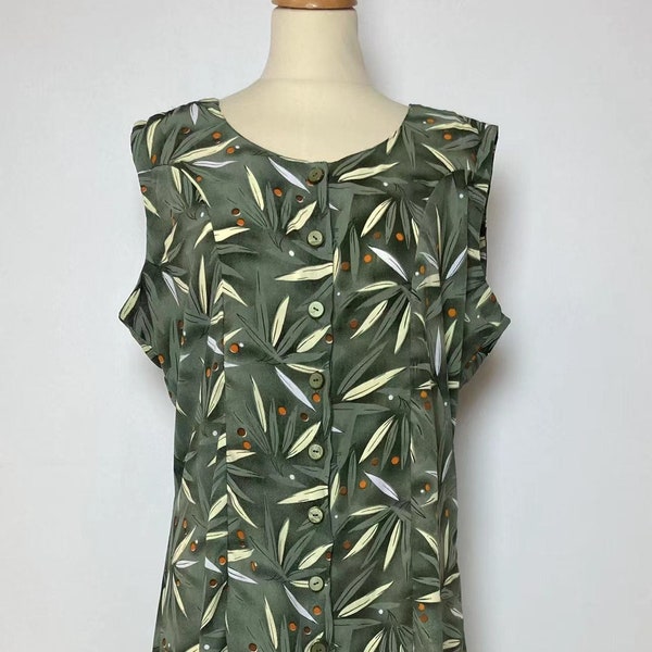 Robe vintage en polyester imprimé feuille de plante verte et petit pois ornage marron, robe débardeur avec ceinture sans manche, L, 80s