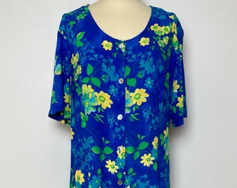 Long vintage viscose dress with yellow flower print on a blue background, short sleeve with belt at the back, XL, 80s