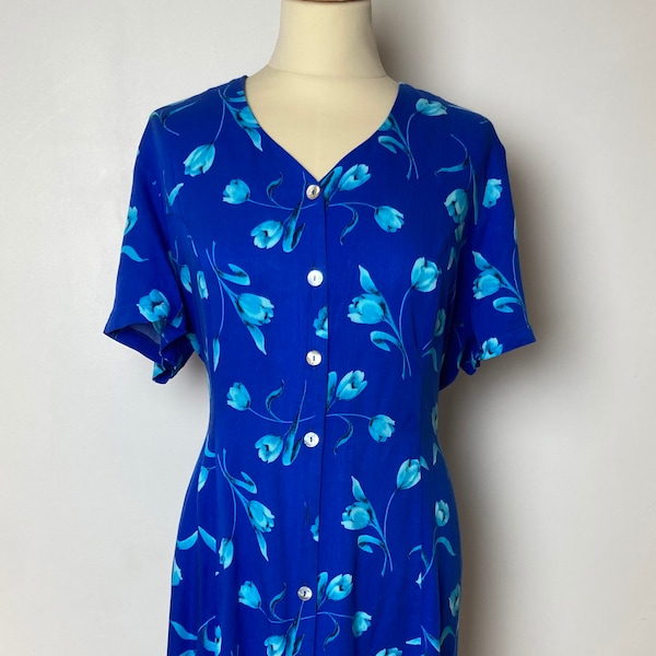 Robe vintage en viscose bleu et manche courte et ceinture au dos, L, 80s