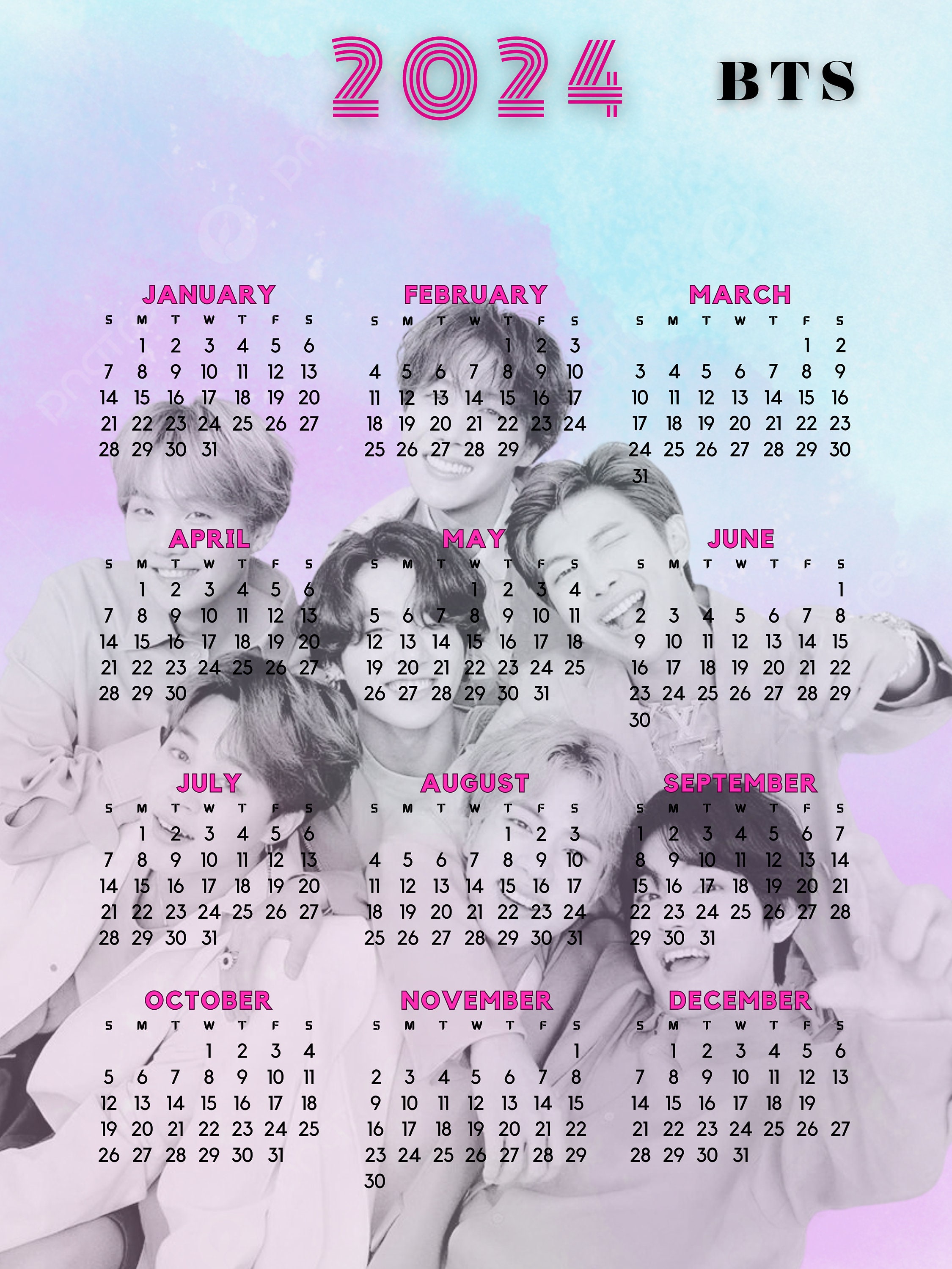 Calendario imprimible BTS 2024 calendario bts PNG fondo de Etsy España