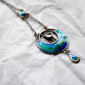 Lovely Charles Horner sterling silver and enamel moonstone necklace, art nouveau 1911