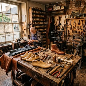 May include: A cobbler works at a wooden workbench in a workshop filled with leather, shoe lasts, and various hand tools. A single brown leather boot sits on the table alongside spools of thread, metal eyelets, pliers, and a hammer.