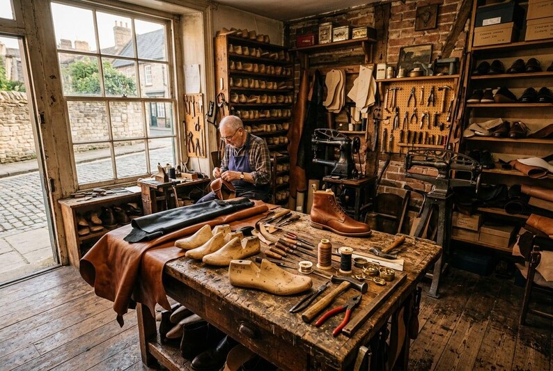 May include: A cobbler works at a wooden workbench in a workshop filled with leather, shoe lasts, and various hand tools. A single brown leather boot sits on the table alongside spools of thread, metal eyelets, pliers, and a hammer.