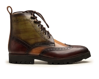HANDMADE Multi-Tone Wingtip Brogue Boots | Handmade Leather Lace-Up Boots for Men | Artisan Handmade Cow Crust Boots