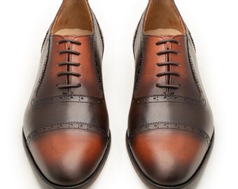 Rooster Two-Tone Leather Cap-Toe Oxford Brogues – Burnished Brown Dress Shoes