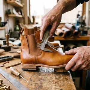May include: A tan leather Chelsea boot with elastic side panels and a stacked heel. A metal caliper is positioned against the side of the boot to measure its dimensions. The boot is resting on a wooden workbench surrounded by various leatherworking tools.