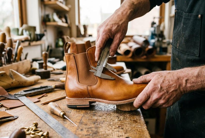 May include: A tan leather Chelsea boot with elastic side panels and a stacked heel. A metal caliper is positioned against the side of the boot to measure its dimensions. The boot is resting on a wooden workbench surrounded by various leatherworking tools.
