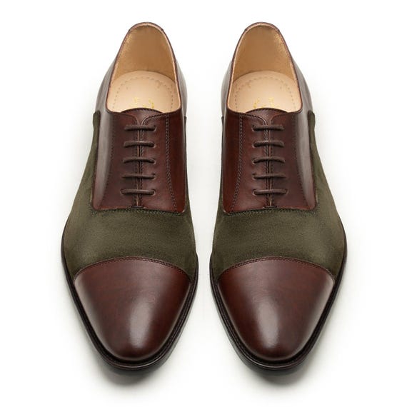 Two-Tone Brown Green Leather Suede Oxford Dress Shoes – Handcrafted Cap Toe Formal Business Wedding