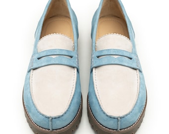 Light Blue Suede Loafers for Men | Handmade Cream Leather Slip On Shoes | Custom Made Luxury Penny Loafers | Italian Style Dress Shoes