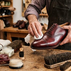 May include: A polished burgundy leather oxford shoe with brogue detailing on the toe cap and lace-up closure, being cleaned with a white cloth. The shoe is surrounded by various shoe care supplies including brushes and jars of Saphir brand polish.