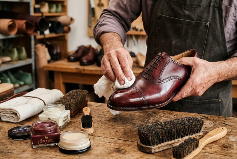 May include: A polished burgundy leather oxford shoe with brogue detailing on the toe cap and lace-up closure, being cleaned with a white cloth. The shoe is surrounded by various shoe care supplies including brushes and jars of Saphir brand polish.