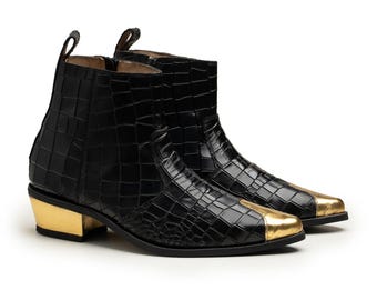 HANDMADE Gold Toe Crocodile Embossed Leather Ankle Boots | Handmade Men's Chelsea Boots | Artisan Handmade Zip Boots