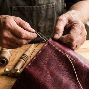 May include: A deep burgundy leather piece being hand-stitched with a light tan waxed thread. The leather features a visible grain texture and a finished seam. Nearby tools include a wooden-handled awl, a spool of thread, and a metal hammer.