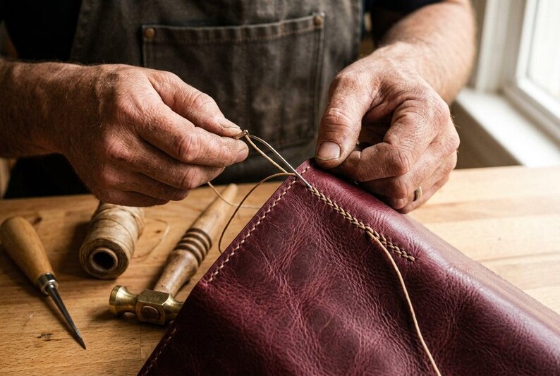 May include: A deep burgundy leather piece being hand-stitched with a light tan waxed thread. The leather features a visible grain texture and a finished seam. Nearby tools include a wooden-handled awl, a spool of thread, and a metal hammer.