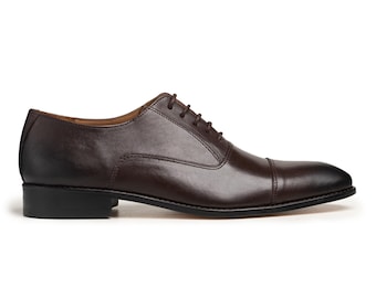 Haskett Brown Leather Cap Toe Oxford Shoes: Handmade Italian Sole Formal Dress