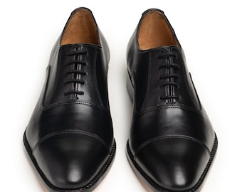 Haskett Black Leather Cap Toe Oxford Dress Shoes – Handmade Italian Sole