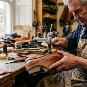 May include: A tan leather shoe mounted on a wooden shoe last being worked on with a metal hammer. The shoe features visible stitching and a smooth finish. Various leather scraps, tools, and containers are scattered across the wooden workbench.