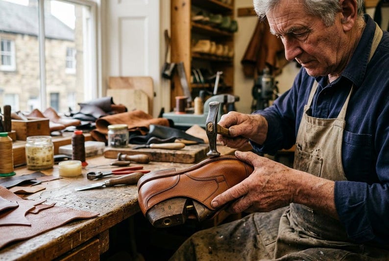 May include: A tan leather shoe mounted on a wooden shoe last being worked on with a metal hammer. The shoe features visible stitching and a smooth finish. Various leather scraps, tools, and containers are scattered across the wooden workbench.
