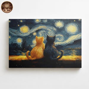 Van Gogh Starry Night Cat Couple Framed Canvas, Orange and Black Cats Wall Art, Romantic Celestial Decor, Cat Lover Anniversary Gift