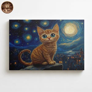 Van Gogh Inspired Starry Night Cat Framed Canvas, Cute Orange Tabby Kitten Wall Art, Blue and Gold Whimsical Home Decor, Cat Lover Gift