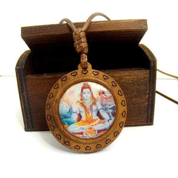 Collier pendentif Shiva,collier talisman hindou Dieu du Yoga,pendentif bois gravé