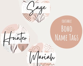 Modern Boho Name tags | round | Editable