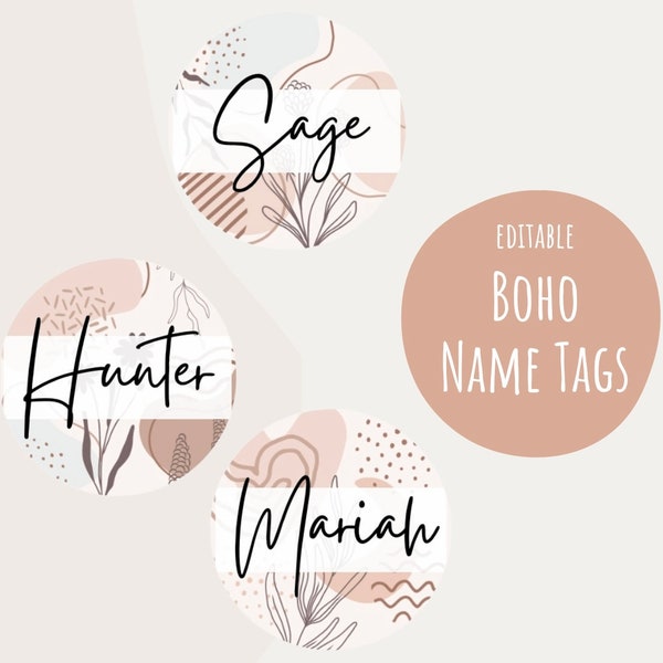 Modern Boho Name tags | round | Editable