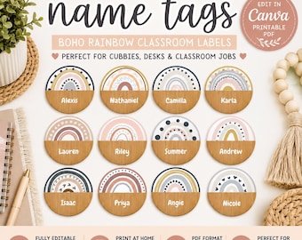 Editable Boho Rainbow Classroom Name Labels | Canva Template (PDF)