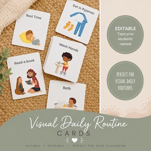Op de afbeelding: Een set vierkante witte visuele dagelijkse routinekaarten met kleurrijke illustraties en tekstlabels zoals Rest Time, Get in Pyjamas, Wash Hands, Read a book en Bath, weergegeven op een getextureerd bruin oppervlak met tekstoverlays.