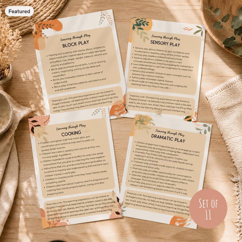 May include: Four rectangular educational cards with beige backgrounds and botanical accents. The cards feature black text titled Learning through Play: Block Play, Sensory Play, Cooking, and Dramatic Play, detailing developmental benefits and Piaget's theories.