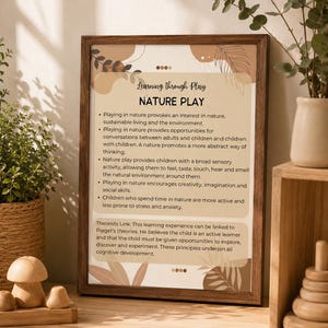 May include: A framed educational poster titled Learning through Play NATURE PLAY with text detailing the benefits of nature-based activities for children, featuring abstract botanical illustrations in shades of beige, brown, and cream.