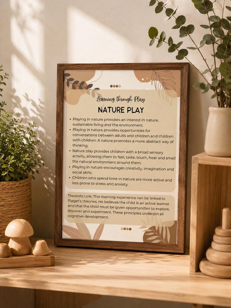 May include: A framed educational poster titled Learning through Play NATURE PLAY with text detailing the benefits of nature-based activities for children, featuring abstract botanical illustrations in shades of beige, brown, and cream.