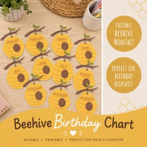 May include: A set of twelve yellow beehive-shaped cutouts, each labeled with a month of the year from January to December. Each cutout features a brown entrance hole and a brown branch with green leaves. The text reads Beehive Birthday Chart.
