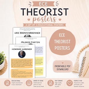 以下が含まれることがあります： ECE THEORIST POSTERSと題された3枚の教育用ポスターセット。ユリー・ブロンフェンブレンナー、ミルドレッド・パーテン、ハワード・ガードナーの肖像画、引用文、理論に関する説明文が記載されており、印刷可能なPDF形式で提供されています。