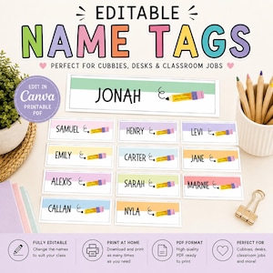 Editable Pastel Pencil Name Tags | Classroom Desk Labels (Printable PDF)