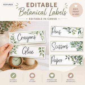 Op de afbeelding: Een set rechthoekige labels met botanische groene bladillustraties en zwarte cursieve tekst met de woorden Crayons, Glue, Pens, Scissors en Paper. Het ontwerp bevat de tekst Editable Botanical Labels en Editable in Canva.