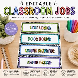 May include: A set of four rectangular classroom job labels with colourful text reading Line Leader, Door Holder, Lights Monitor, and Paper Passer. Each label features a black and white speckled border and a thin coloured frame in green, blue, or purple.