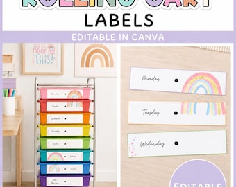 May include: A set of rectangular rolling cart labels featuring the text Monday, Tuesday, and Wednesday with rainbow illustrations. The labels are white with pastel borders and black text, designed for organisation and editable in Canva.