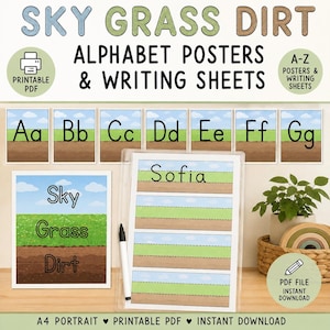 May include: Educational alphabet posters and writing sheets featuring a sky, grass, and dirt design. The set includes A-Z letter cards and practice pages with dashed lines for handwriting. The text reads SKY GRASS DIRT ALPHABET POSTERS & WRITING SHEETS.
