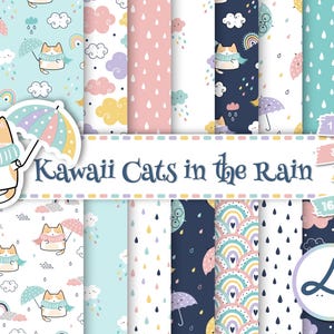 May include: A collection of 16 seamless patterns featuring kawaii cats in the rain. The patterns include cats with umbrellas, rainbows, clouds, and raindrops. The image also includes the text "Kawaii Cats in the Rain", "12"x12"", "JPEG", and "300 dpi".
