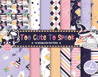 Könnte beinhalten: Ein Set mit 16 digitalen nahtlosen Mustern mit niedlichen Katzen in Halloween-Kostümen. Die Muster sind in verschiedenen Farben gehalten, darunter Pink, Lila, Orange und Schwarz. Der Text "Too Cute To Spook" ist auf einem Banner abgebildet.