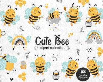 Cute Kawaii Bees Clipart, Bee PNG, Cute Bees Clipart, Honey Bees PNG, Bees stickers, Floral clipart, Bumble Bee, Digital printable clipart